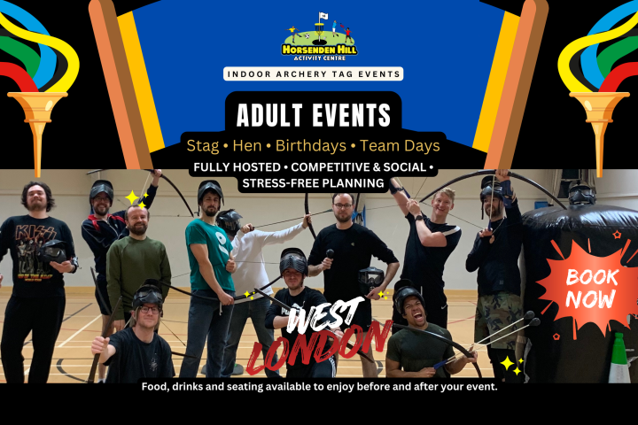 Group of people with archery gear, promoting adult events in West London for parties and team days.