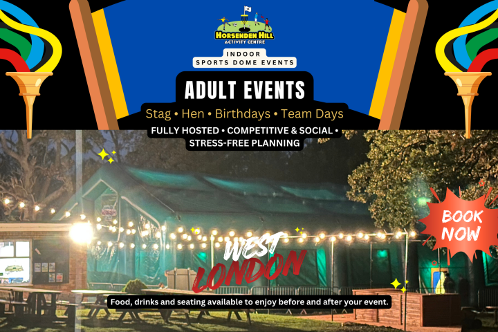 Outdoor event venue with string lights promoting adult events and activities at Horsenden Hill.