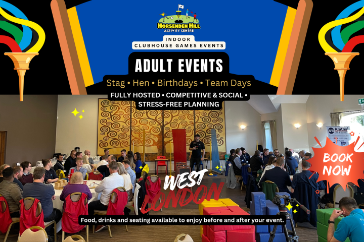 People seated at tables in a room, promoting adult events at a clubhouse.