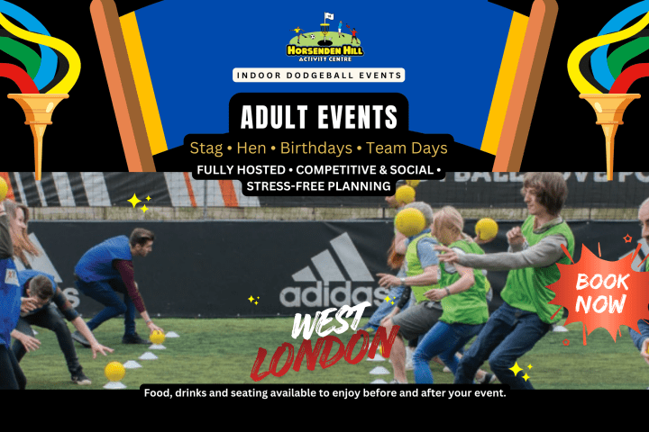 Adult dodgeball event promotion with players in action, colorful graphics, and text about booking in West London.