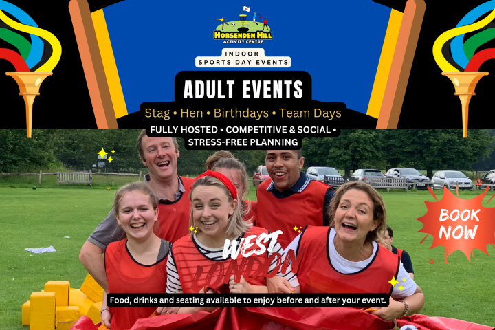 Group of smiling adults in red vests at outdoor event. Text: 'Adult Events' and 'Book Now'.