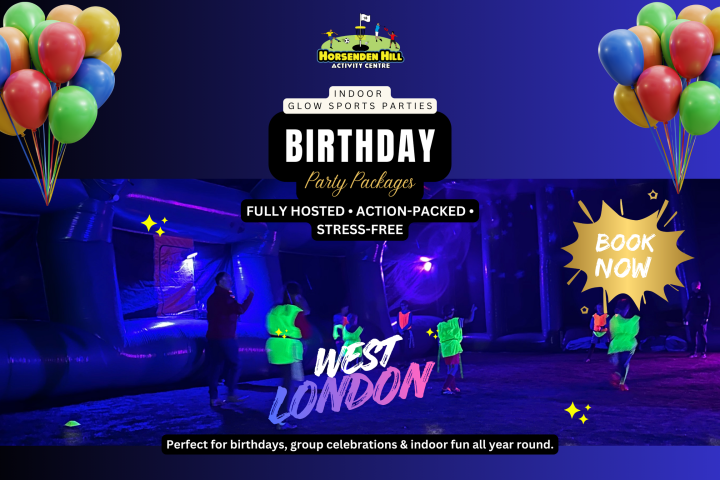 Birthday party package ad with colorful balloons, kids playing indoors, and text promoting West London event.