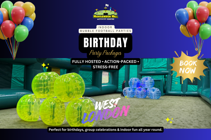 Colorful balloons and bubble football setup for birthday party promotion at indoor activity center.