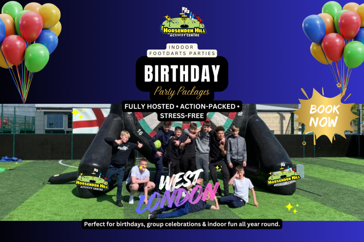 Group posing on inflatable dartboard at a birthday event, with colorful balloons and party text overlay.