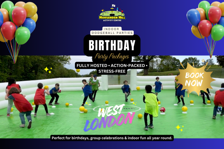 Children playing dodgeball in an inflatable arena under a birthday party banner.