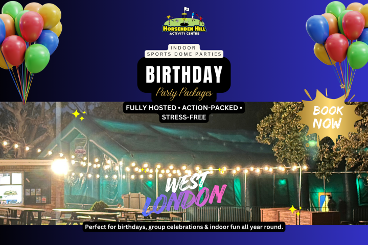 Birthday party ad with a festive outdoor setting, balloons, and lights at night; text promotes party packages.