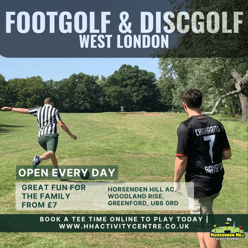 Two people playing disc golf in a sunny park, text about Footgolf & Discgolf in West London.