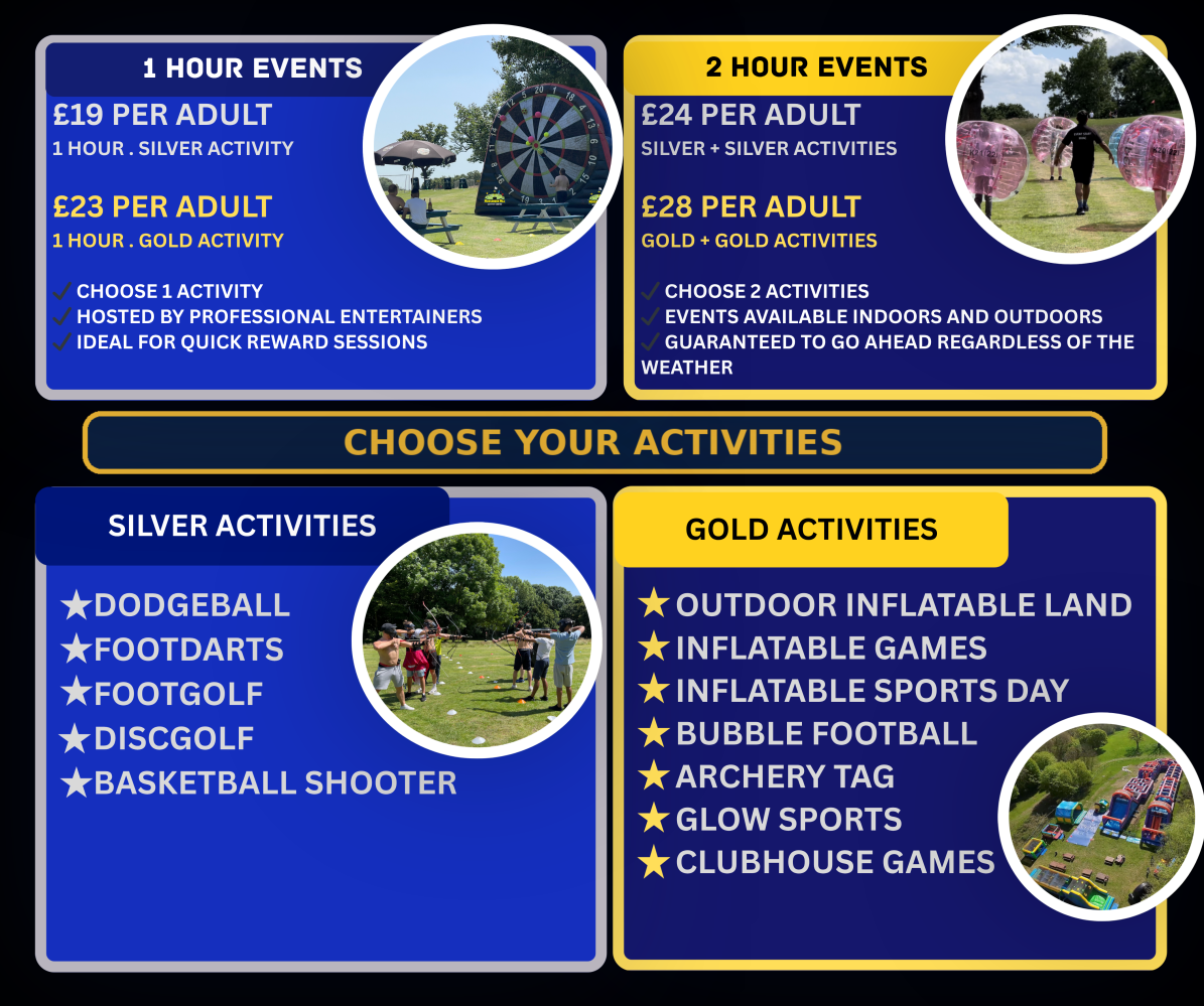 Activity options poster with pricing and event details, including silver and gold activities.