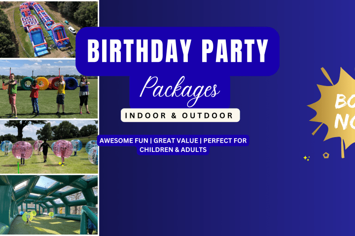 Collage of birthday party activities with balloons and text: 'Birthday Party Packages' and 'Book Now'.