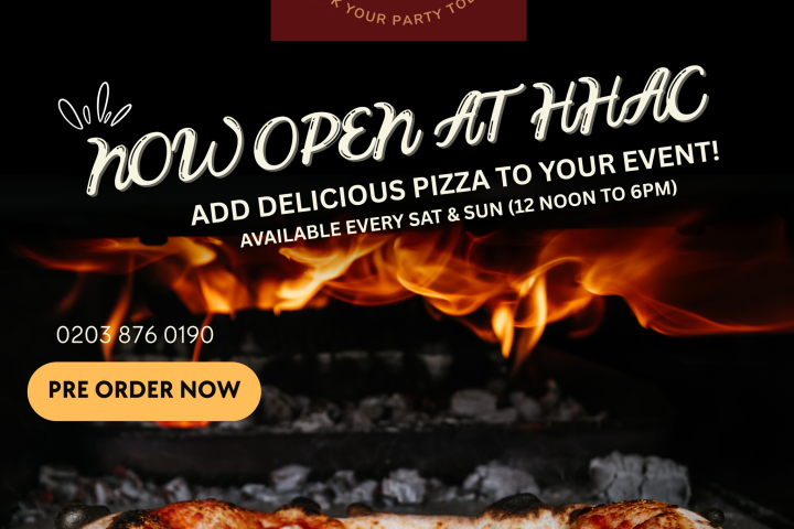 Promotional image with a pizza in a wood-fired oven, text: 'Now open at HHAC, add delicious pizza to your event!'