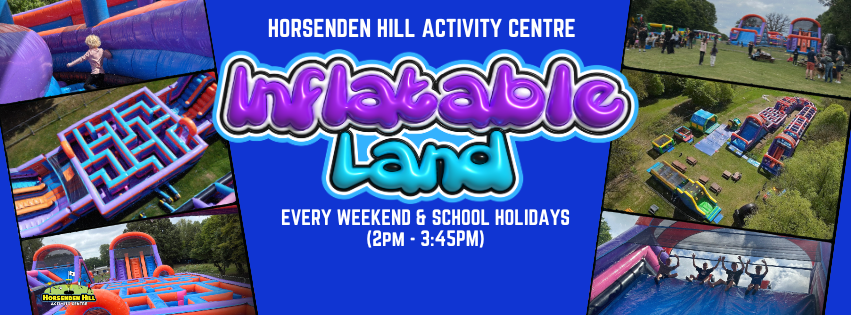 Banner for Inflatable Land with various inflatable activities shown in images.