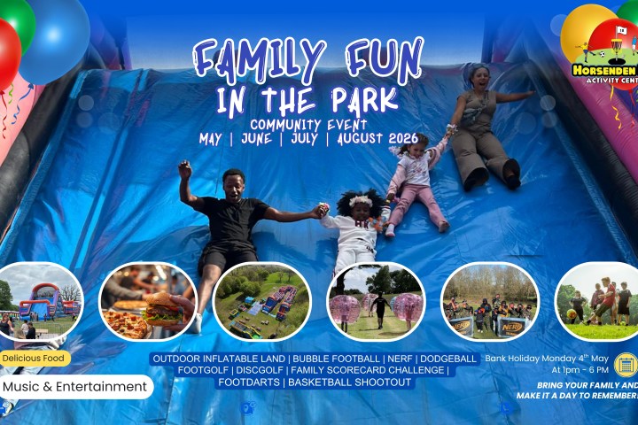 People sliding on a large inflatable; Family Fun In The Park event details and photos at the bottom.