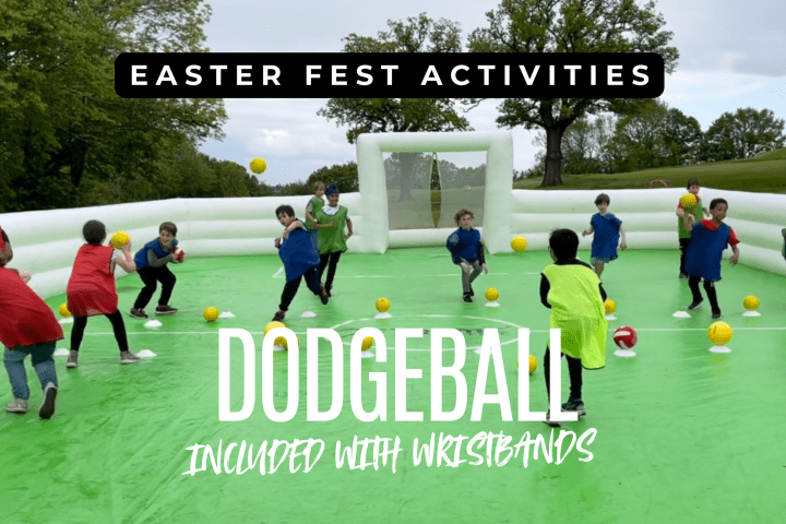 Children playing dodgeball on an inflatable field with Easter Fest Activities text.