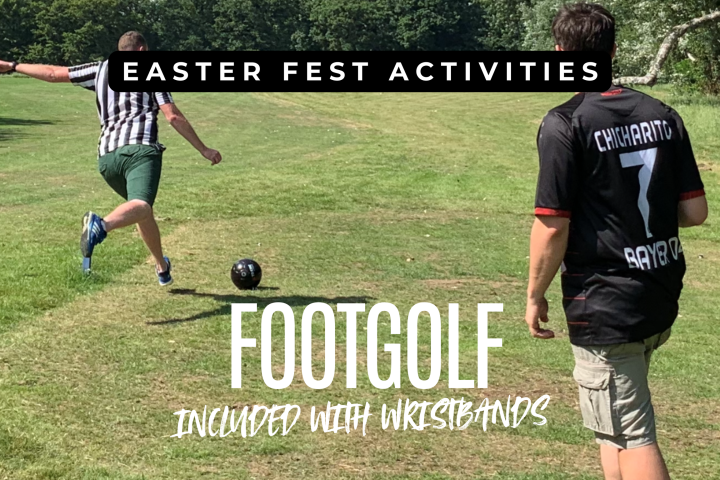 Two people playing footgolf on grass, text: 'Easter Fest Activities, Footgolf Included with Wristbands'.