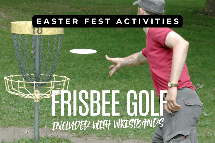 Person playing frisbee golf at Easter Fest, disc approaching basket, text overlay with event info.