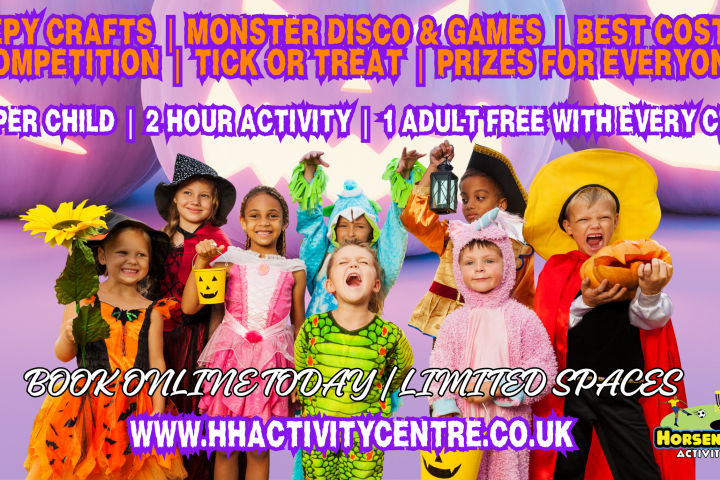 Children in Halloween costumes with event details and booking info on colorful background.