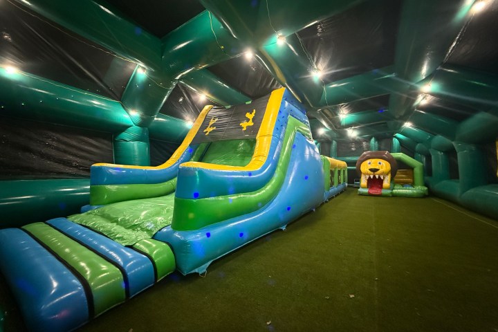 Inflatable indoor playground with slide and lion face entrance on artificial grass.
