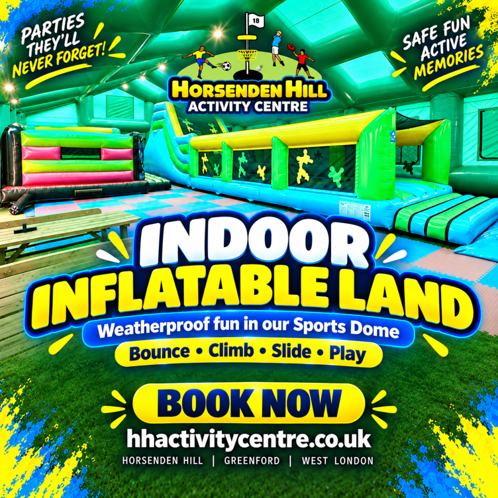 Bright poster for Horsenden Hill with indoor inflatable play area.