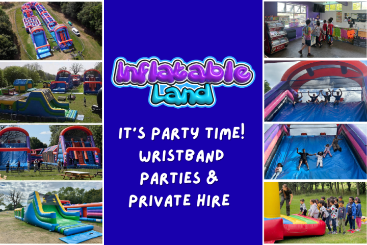 Collage of inflatable attractions and people at an event called 'Inflatable Land.'