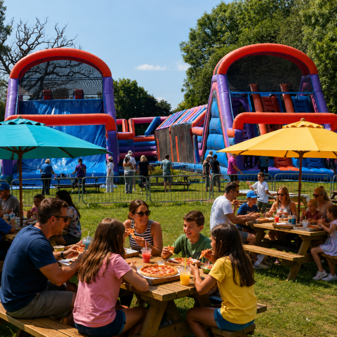 Families eating at picnic tables near large colorful inflatable slides.