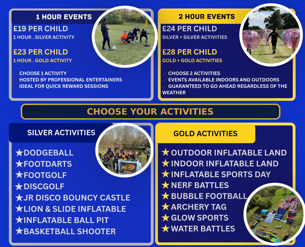 Event poster listing activities and prices for 1 and 2 hour events.