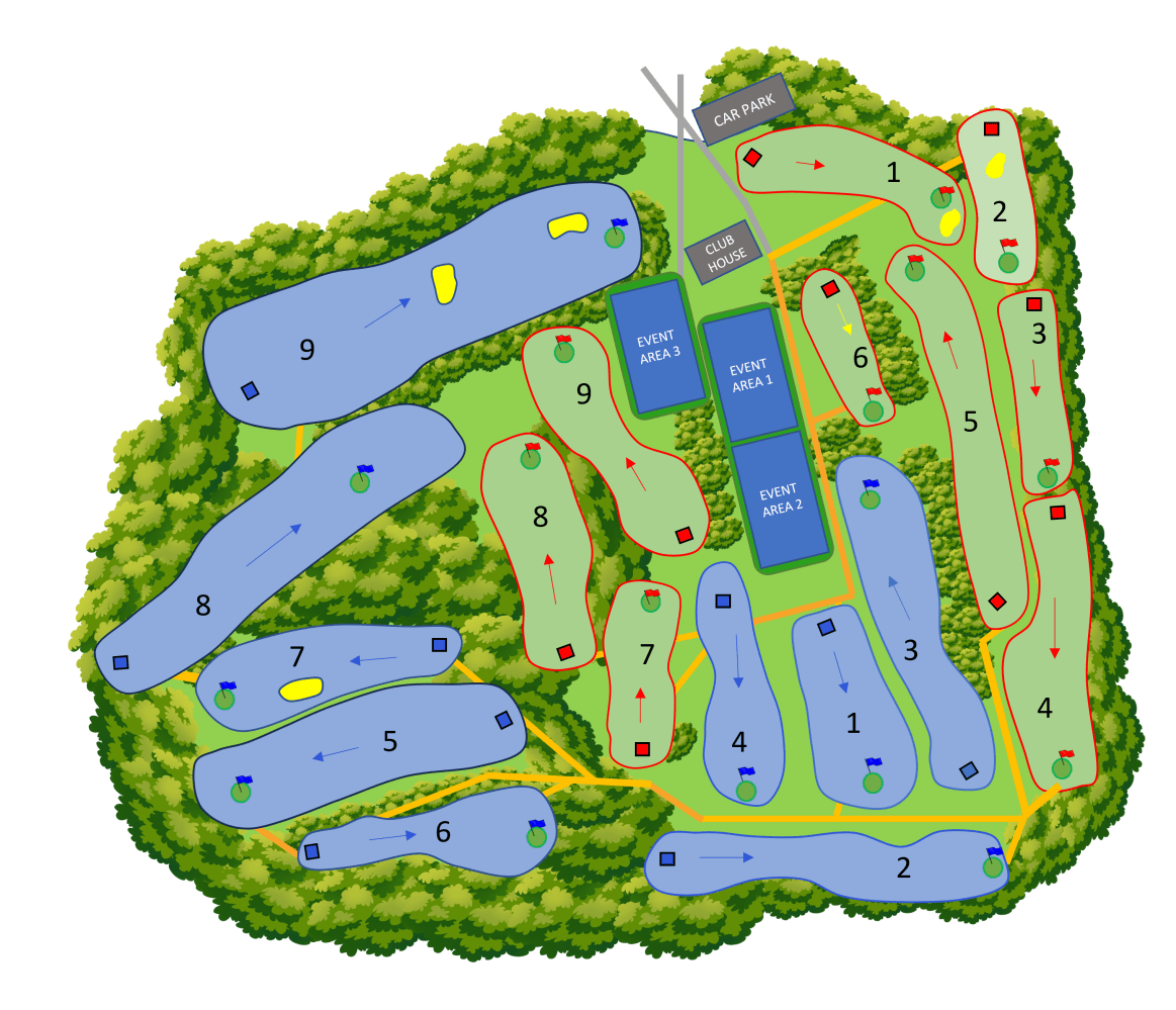 Map of golf course with nine holes, trees, and event areas.