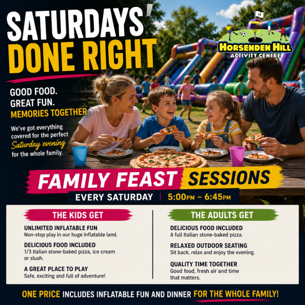 Family enjoying pizzas at Horsenden Hill Activity Centre's family feast sessions promotion.