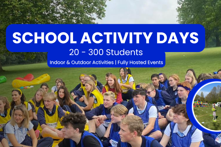 Students outdoors participating in various group activities and games.