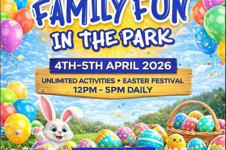 Colorful poster for Family Fun in the Park at Horsenden Hill, April 4-5, 2026, featuring Easter eggs and activities.