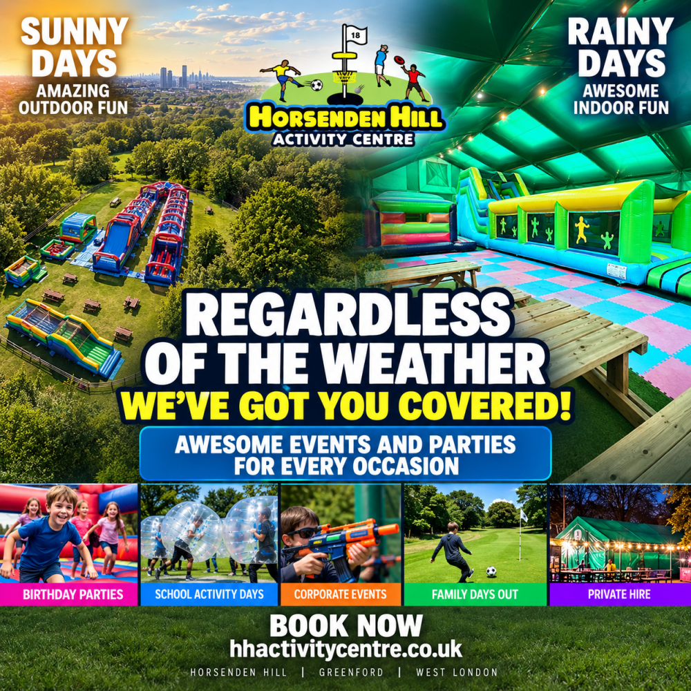 Activity center ad with inflatable play areas and event options for various occasions in any weather.