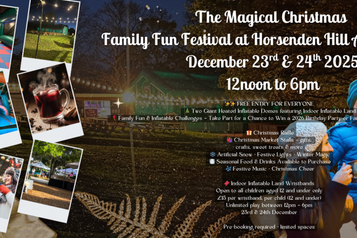 Family Fun Festival at Horsenden Hill, Christmas theme with inflatable activities, market stalls, and festive decorations.
