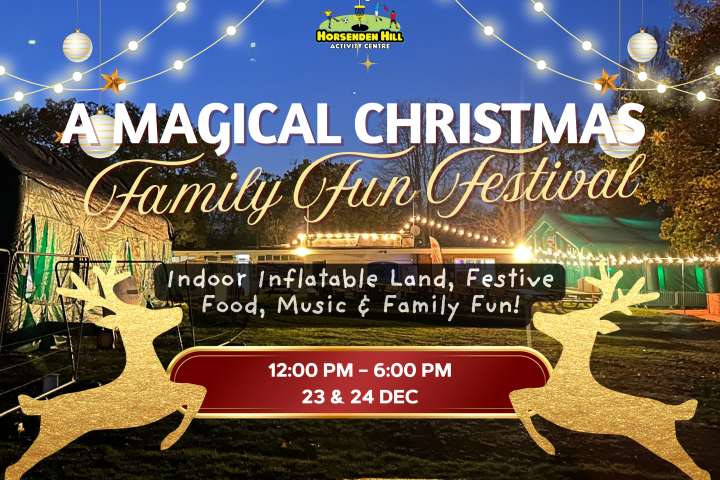 Christmas festival poster with reindeer, lights, and event details at Horsenden Hill Activity Centre.