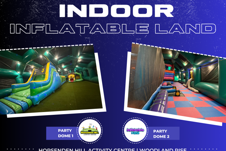 Two indoor inflatable structures with a slide and play area at Horsenden Hill Activity Centre.