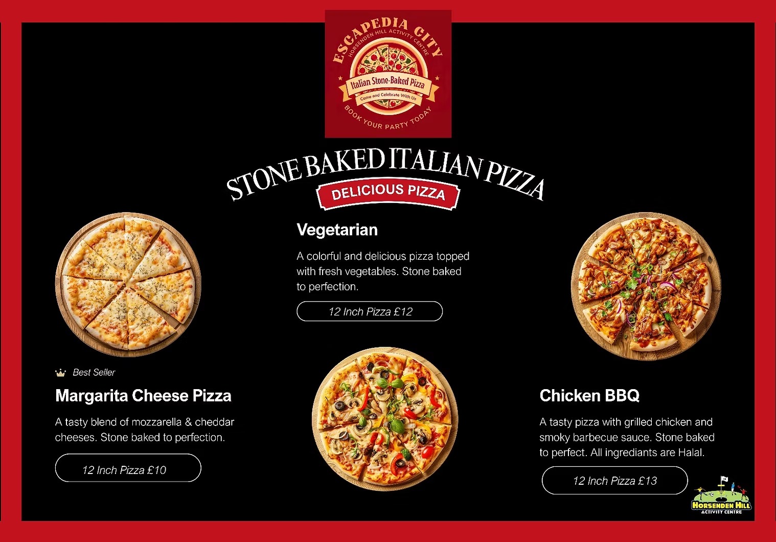 Menu with three stone-baked pizzas: Margarita Cheese, Vegetarian, Chicken BBQ, with prices.