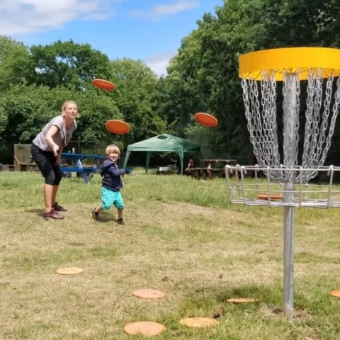 Three people play disc golf on a grassy field with a metal basket and orange discs.