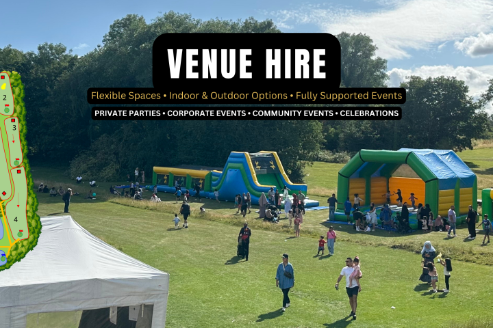 Outdoor venue with inflatable slides, trees, and a venue hire map.