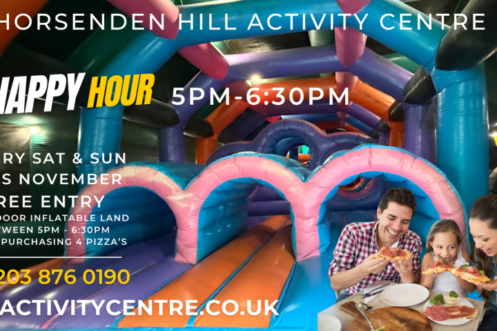 Horsenden Hill Activity Centre ad with inflatable play area and family eating pizza.