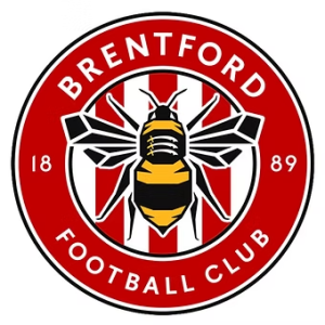 Brentford Football Club logo with a bee on red and white stripes. Established 1889.