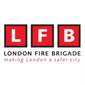 Logo with red LFB boxes, reads 'London Fire Brigade, making London a safer city'.