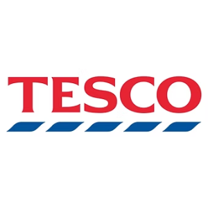 Tesco logo with red text and blue stripes underneath.