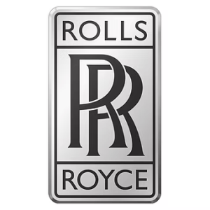 Rolls Royce logo with overlapping 'RR' letters and text in a rectangular frame.