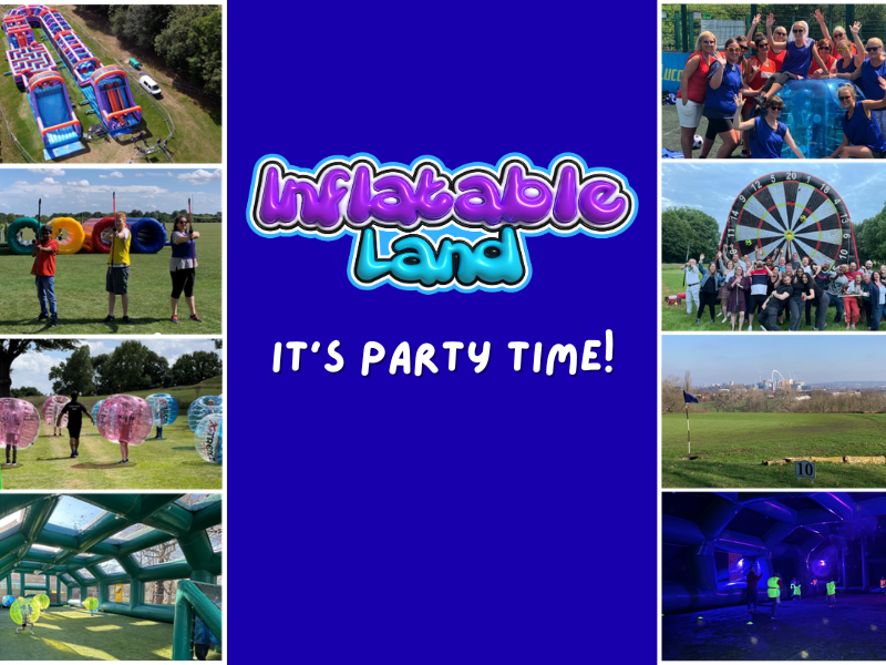Collage of inflatable activity images and 'Inflatable Land' logo.