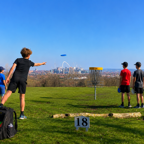 Group of people playing disc golf in a park with city skyline in the background.