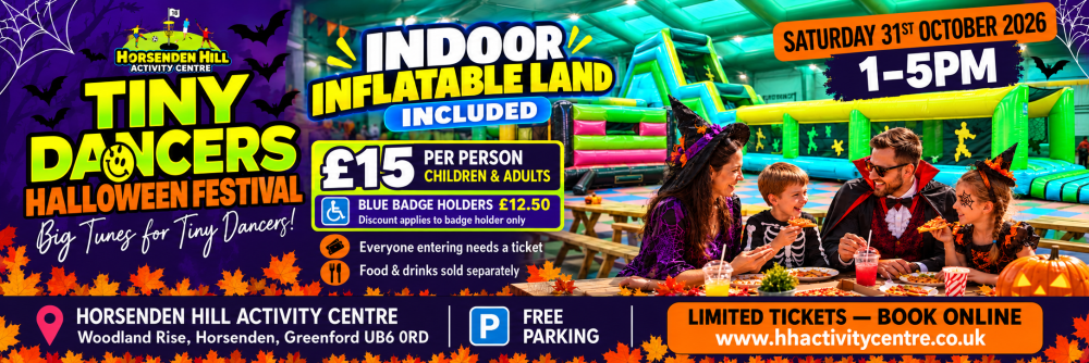 Tiny Dancers Halloween Festival banner, date and ticket info, with families at event.