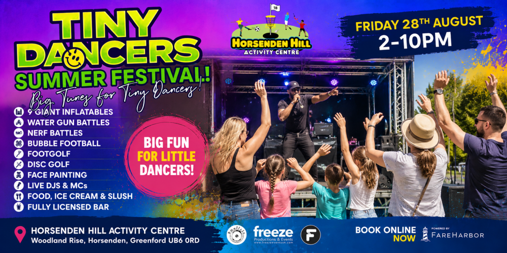 Tiny Dancers Summer Festival poster with event details and activities like inflatables and DJs.
