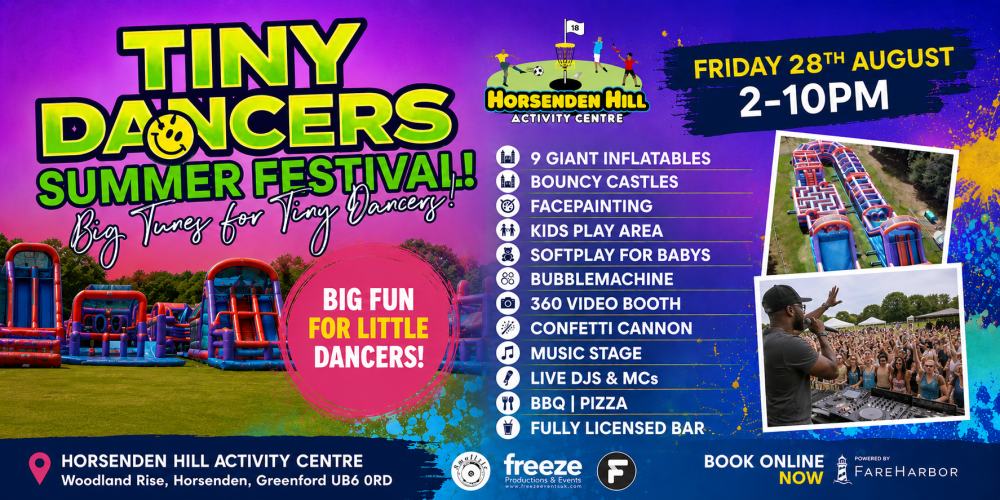 Tiny Dancers Summer Festival poster with event details and images of inflatables and a live DJ.
