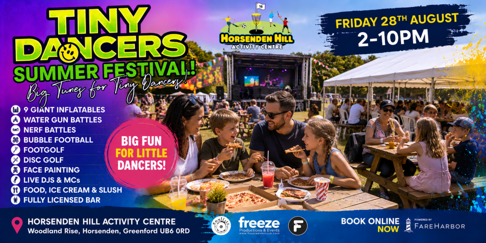 Tiny Dancers Summer Festival poster with event details and colorful images.