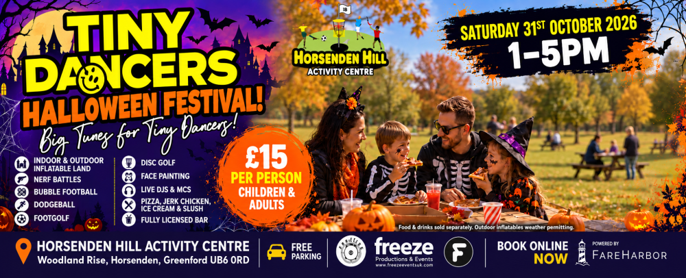Tiny Dancers Halloween Festival poster with event details and family in costumes at a picnic.