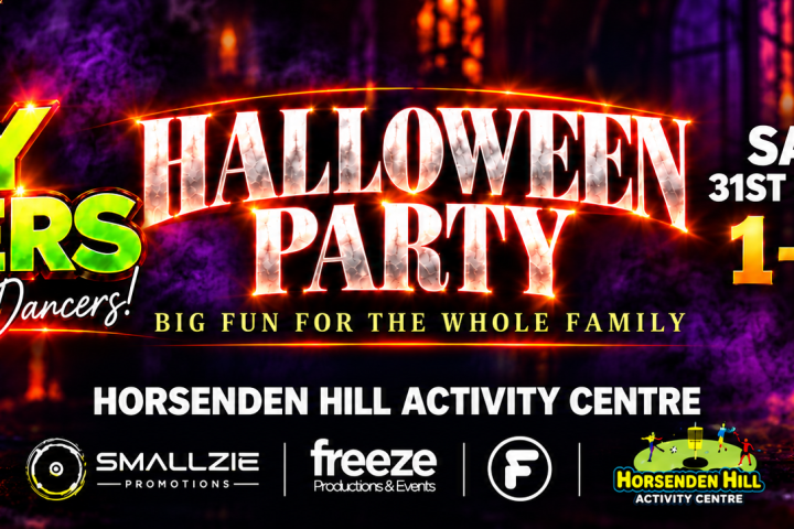Halloween party flyer with pumpkin graphics for October 31, 2026, at Horsenden Hill Activity Centre.