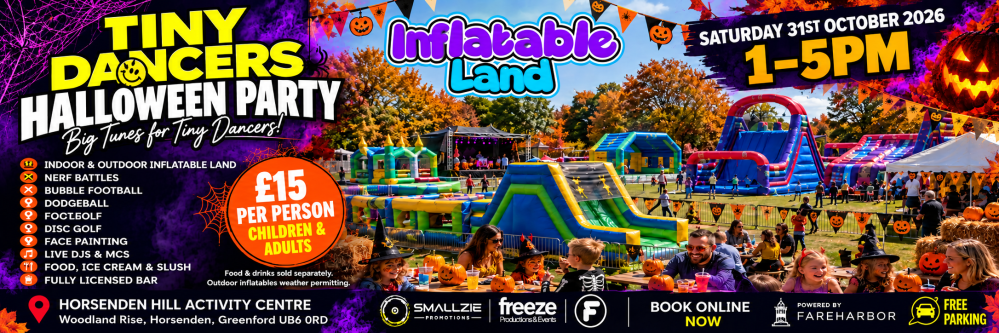 Event poster for Tiny Dancers Halloween inflatable park party on October 31, 2026, from 1-5 PM.